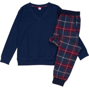 La V pyjamaset voor Meisjes met jogging broek van flanel Donkerblauw/Rode 140-146
