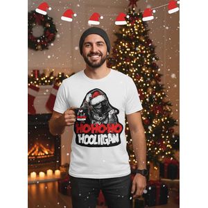 Kerst T-shirt - Ho-ho-ho Hooligan - Unisex Wit Maat XXL