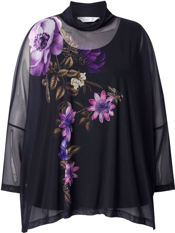 MIAMODA - Dames - Mesh blouse oversized bloemenmotief ondoorzichtige top - Zwart - Maat 42+