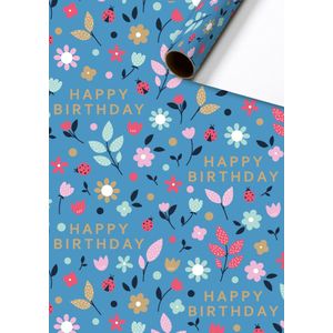 2 rollen Cadeaupapier - Benice - Blauw - 70cm breed - Verjaardag - Bloemen - Happy birthday