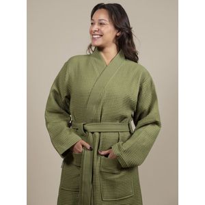 Sauna Wafel Badjas Dames – Cozylion – 100% Duurzaam Katoen – Oeko-Tex – Olijf Groen – Kimono Stijl – Wafel Badjassen Vrouwen – Sauna & Wellness Ochtendjas voor Vrouw