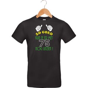 mijncadeautje - T-shirt unisex - zwart - opdruk in kleur -  zo goed met  75 jaar - maat S