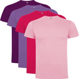 4 Pack Dogo Premium Heren T-Shirt 100% katoen Ronde hals Licht Paars, Donker Paars, Fuchsia, Roze Maat M