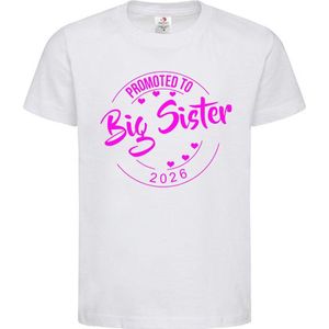 Shirt Aankondiging zwangerschap Promoted to Big Sister 2026 | korte mouw | wit/fluor pink | maat 122/128 zwangerschap aankondiging bekendmaking Baby big sis sister