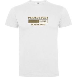 Wit T-Shirt met “Perfect body Loading... Please Wait - Sportschool - oplaad balkje “ Afbeelding Goud Maat S