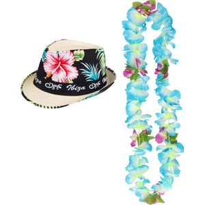 Hawaii thema party verkleedset - Trilby strohoedje - bloemenkrans lichtblauw/wit - Tropical toppers - voor volwassenen