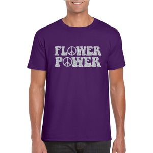 Paars Flower Power t-shirt peace tekens met zilveren letters heren - Sixties/jaren 60 kleding M
