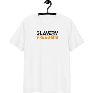 Bitcoin T-shirt - Slavery - Freedom - Unisex - 100% Biologisch Katoen - Wit - Maat S | Bitcoin cadeau| Bitcoin T-shirt| Bitcoin Shirt| Bitcoin Merch| Bitcoin Merchandise| Bitcoin Kleding