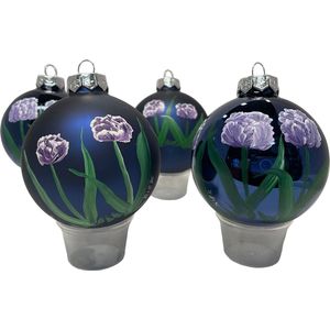 4 handpainted kerstballen met tulpen kleur blauw