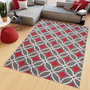 Tapiso Maya Vloerkleed Grijs Rood Slaapkamer Tapijt Maat- 200x200