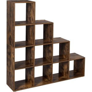 Boekenkast industrieel - 10 vakken - Bruin - Boekenrek - Woonkamer, slaapkamer en kinderkamer - Hout - MDF - 129x29x129cm