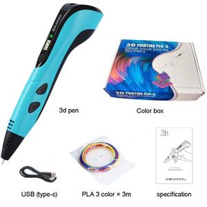 3D-printpen voor kinderen met LCD-scherm, 12 kleuren x 3 meter filament, doe-het-zelf educatief 3D-tekenen en schilderen - blauw