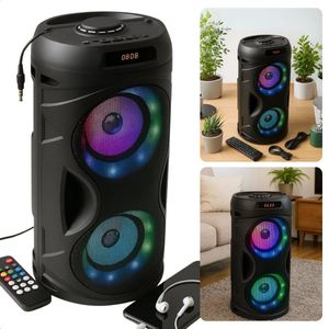Cheqo® Bluetooth Party Speaker - Draagbare Speaker - Krachtig Geluid - RGB LED-Verlichting - Draadloze Verbinding - Bluetooth 5.3 - TWS-Functie - Multifunctioneel Afspelen - USB, Micro SD, AUX - FM-Radio - Lange Batterijduur - 10W Vermogen
