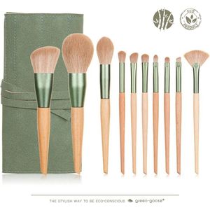green-goose® Bamboe Make-up Kwastenset in Vegan Suede Hoes | 10-delig | Houten Make-up Borstels | Vegan Cosmetica Kwastjes