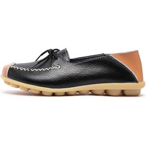 Vrouwen Lederen Mocassins Casual Ronde Teen Loafer Schoenen Zwart Maat 38 EU - Comfortabele Platte Boot Schoenen met Slip-op Ontwerp voor Rijden