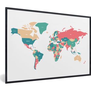 Fotolijst incl. Poster - Wereldkaart - Roze - Blauw - Simpel - 60x40 cm - Posterlijst