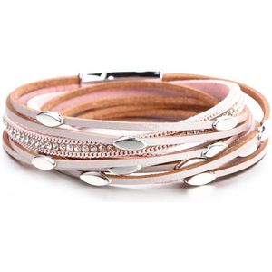 Armband Dames - Leren Wikkelarmband - 18,5 cm - Bergkristal - Fuchsia Roze