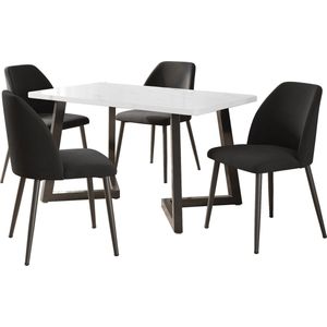 Merax Eethoek Set (5-delig) - 117x68 cm Eettafel met 4 Stoelen - Moderne Eettafel met Marmerlook Tafelblad - Stijlvolle Stoelen met Zwarte Metalen Poten en Rugleuning