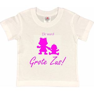 Shirt Aankondiging zwangerschap Ik word grote zus! 2.0 | korte mouw | wit/fluor pink | maat 122/128 zwangerschap aankondiging bekendmaking Baby big sis sister