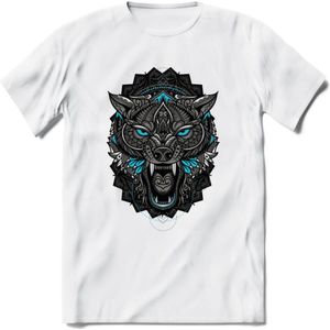 Wolf - Dieren Mandala T-Shirt | Lichtblauw | Grappig Verjaardag Zentangle Dierenkop Cadeau Shirt | Dames - Heren - Unisex | Wildlife Tshirt Kleding Kado | - Wit - XXL