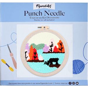 Figured'Art Punch Needle Kit voor Volwassenen en Kinderen - Rendier bij een meer - Perfect voor Beginners. Compleet klaar-om-te-borduren set, maat 20x20 cm met ronde frame