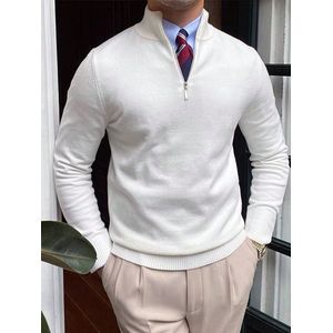 Half Zip Heren Sweater - Warme Schipperstrui met Rits - Comfortabele Coltrui voor Heren - Casual & Smart Casual Heren Trui - Maat M - Wit