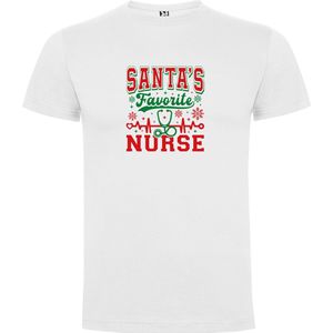 Wit T-Shirt met “Santa's Favorite Nurse - Zorg - Kerst“ Print Full Color Maat S
