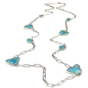 lange zilveren halsketting collier halssnoer gerhodineerd Model Vlinder en Bol met turkoois blauwe stenen