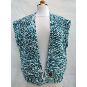 Handgebreide bodywarmer met zakken / vest mouwloos in jeansblauw met roomwit gemeleerd
