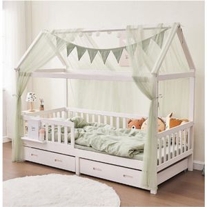 4-Delige Decoratieset Voor Huisbed - 2 Stuks Bedhemel, 1 Vlaggetjesslinger (300 cm) Voor Kinderbed Kinderkamer - 100% Biologisch Katoen, 150 x 350 cm
