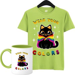 Schattige Pride Vlag Kat - Unisex T-Shirt Mannen en Vrouwen - LGBTQ+ Suporter Kleding - Gay Progress Pride Shirt - Rainbow Community - T-Shirt met mok - Unisex - Appel Groen - Maat 3XL
