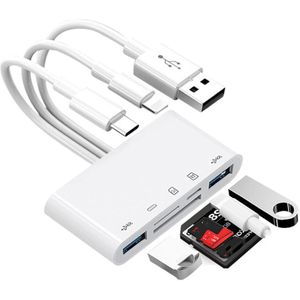 SD Kaart Lezer - 5 in 1 Hub - Geschikt voor i-phone/i-pad-usb C en usb A - apparaten met Micro sd en sd kaartsleuven