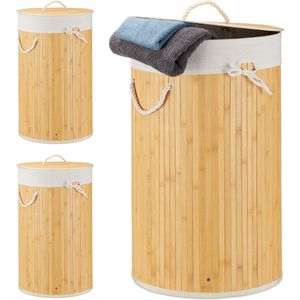 Relaxdays 3x wasmand bamboe - wasbox met deksel - 70 liter - rond - 65 x 41 cm - crème