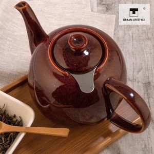 Theepot met zeefinzet Swansea koraal rood 1,6 L met filter van porselein door , theepot die druppelvrij is. Theepot met zeef porselein