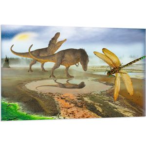 Vlag - Dinosaurussen bij Water in de Prehistorie - 120x80 cm Foto op Polyester Vlag