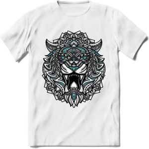 Tijger - Dieren Mandala T-Shirt | Lichtblauw | Grappig Verjaardag Zentangle Dierenkop Cadeau Shirt | Dames - Heren - Unisex | Wildlife Tshirt Kleding Kado | - Wit - XXL