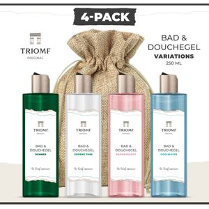 Triomf Original - Bad & Douchegel Deluxe - 250 ML - 4-Pack - Dennen - Groen Thee - Passievrucht - Coolwater - Giftset Showergel Variations - 4 x Douche Gel - Gift voor Hem Haar - Cadeau Set Badkamer Man en Vrouw - Wellness Cadeaupakket - Verjaardag