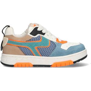 Braqeez 425247-427 Jongens Lage Sneakers - Blauw/Beige/Oranje - Leer/Nubuck - Veters