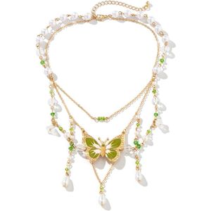 Vlinderketting voor dames - Groene vlinderhanger met kwast - Boheemse modesieraad - Meerkleurig