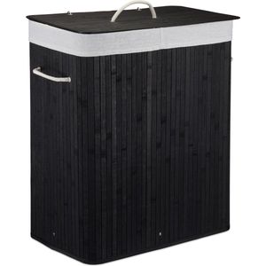 Relaxdays wasmand 2 vakken - bamboe wasbox - 95 liter - opvouwbaar - met deksel - zwart