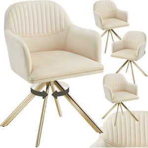 tectake® Fluwelen draaistoel - Bureaustoel - Eetkamerstoel met armleuningen - Fluwelen bureaustoel, keukenstoel, woonkamerstoel - 56 x 59 x 81 cm - Set van 4 - Creme/goud