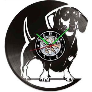 Teckel - wandklok - Vinyl wandklok - Klok - Uurwerk - Vinyl - Vintage - Hond - Zwart - Teckel afbeelding