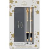 Parker IM Duo-geschenkset met balpen en Rollerbal pen | geborsteld metaal met gouden rand | Zwarte inktvulling en -cartridge | cadeauverpakking