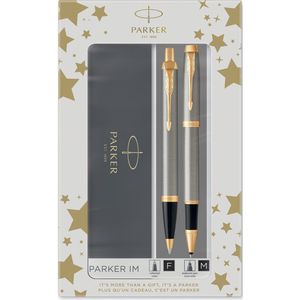 Parker IM Duo-geschenkset met balpen en Rollerbal pen | geborsteld metaal met gouden rand | Zwarte inktvulling en -cartridge | cadeauverpakking
