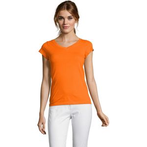 Dames t-shirt V-hals oranje 100% katoen slimfit - Dameskleding shirts 38
