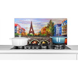 Spatscherm keuken 80x40 cm - Kookplaat achterwand Schilderij - Olieverf - Eiffeltoren - Parijs - Water - Muurbeschermer - Spatwand fornuis - Hoogwaardig aluminium