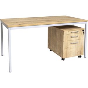 Furni24 Bureau 200X80X75 cm, homeoffice, bureautafel in saffier eiken/grijs incl. houten rolblok met 3 laden in saffier eiken