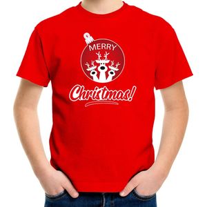 Rendier Kerstbal shirt / Kerst t-shirt Merry Christmas rood voor kinderen - Kerstkleding / Christmas outfit 164/176