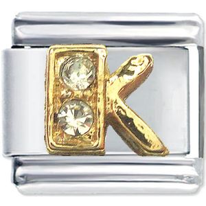 Quiges - Schakel - Bedel - 9mm - charms - Goud - Zirkonia - alfabet - letter K - Geschikt voor - Nomination- armband - Schakelarmband - italy bedels armband
