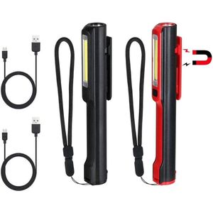 Oplaadbare Werklamp 2 Stuks Inspectielamp LED-Zaklamp met Magnetische Clip COB-Zaklamp 3W LED-Kop SOS-knipperend Thuis Werk Kamperen Noodgevallen Zwart en Rood